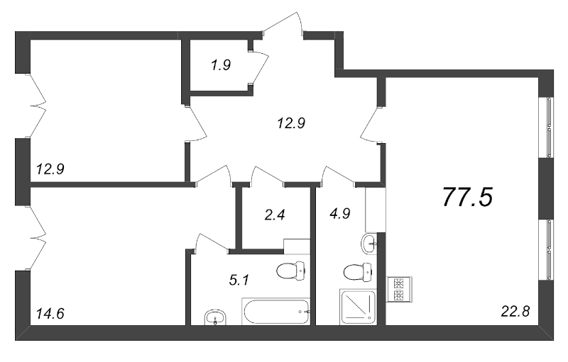 2-комнатная квартира, 77.5 м² - планировка, фото №1