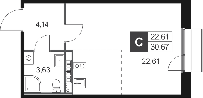 Квартира-студия, 30.67 м² в ЖК "Слобода" - планировка, фото №1