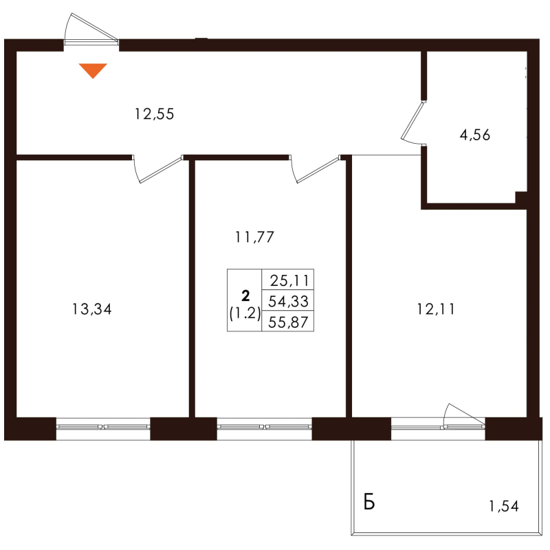 2-комнатная квартира, 55.87 м² - планировка, фото №1