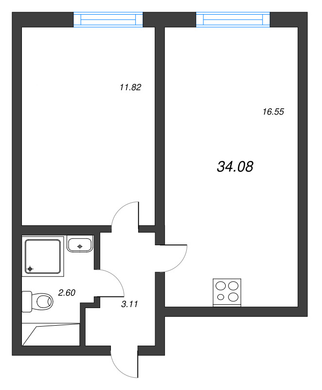 2-комнатная (Евро) квартира, 34.08 м² в ЖК "Морская миля" - планировка, фото №1