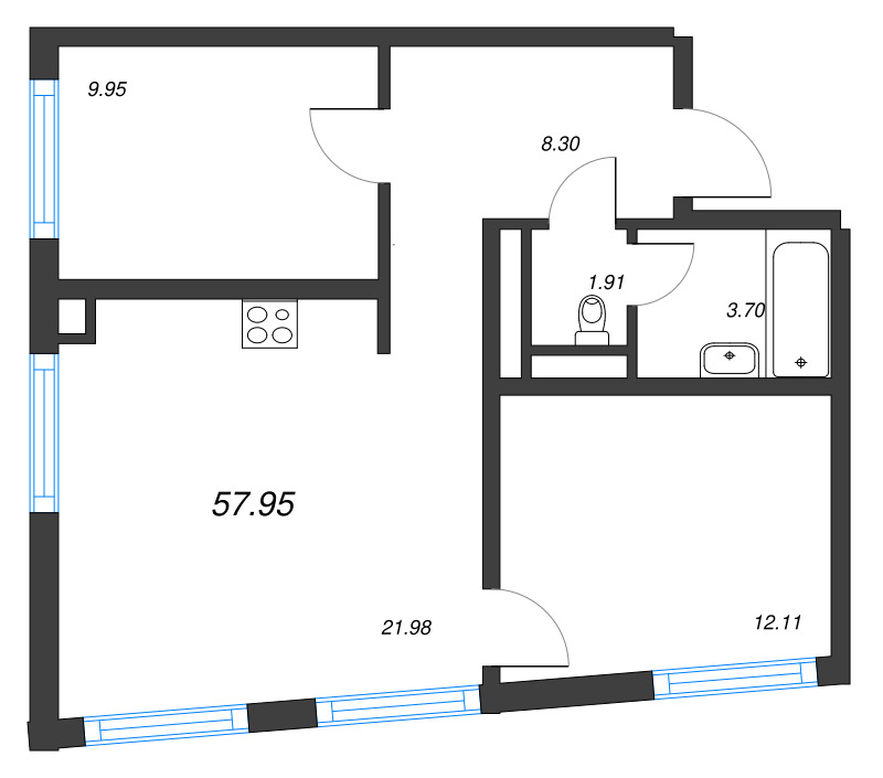 3-комнатная (Евро) квартира, 57.95 м² в ЖК "Legenda Васильевского" - планировка, фото №1