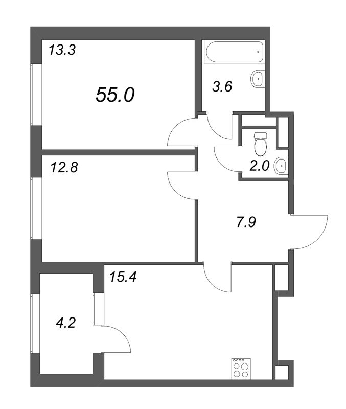 3-комнатная (Евро) квартира, 55 м² в ЖК "ЮгТаун" - планировка, фото №1