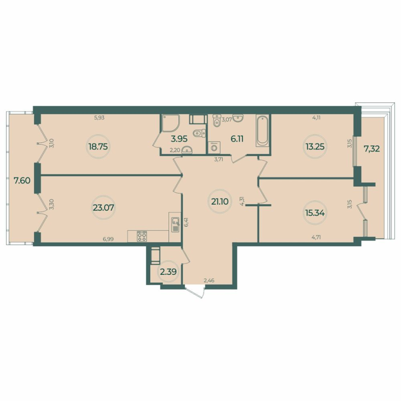 4-комнатная (Евро) квартира, 108.44 м² в ЖК "Дуалист" - планировка, фото №1