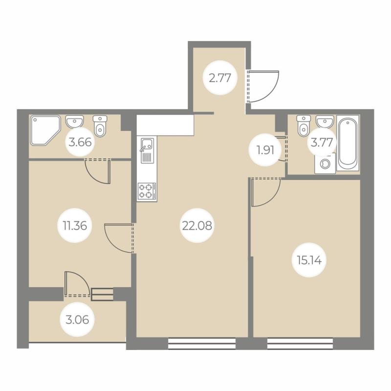 3-комнатная (Евро) квартира, 62.22 м² - планировка, фото №1