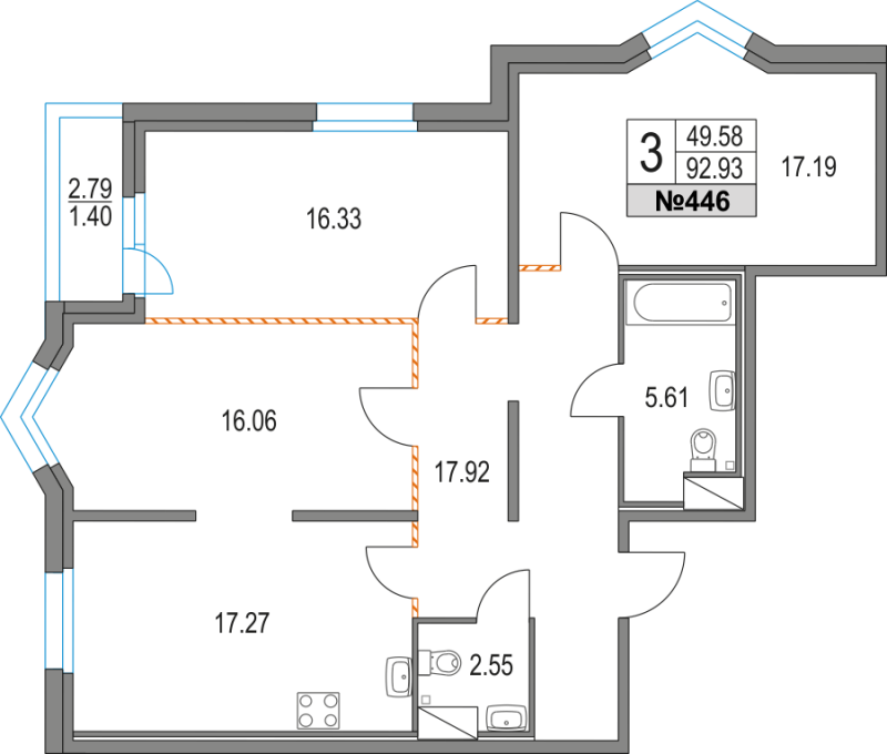 3-комнатная квартира, 92.93 м² в ЖК "Приморский квартал" - планировка, фото №1