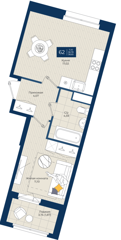 2-комнатная (Евро) квартира, 38.65 м² в ЖК "Новатория" - планировка, фото №1