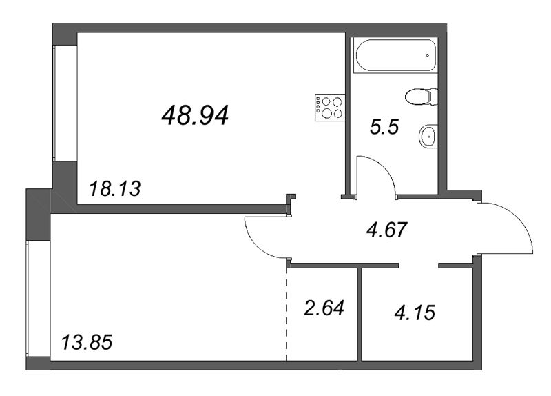 2-комнатная (Евро) квартира, 48.94 м² в ЖК "Avant" - планировка, фото №1