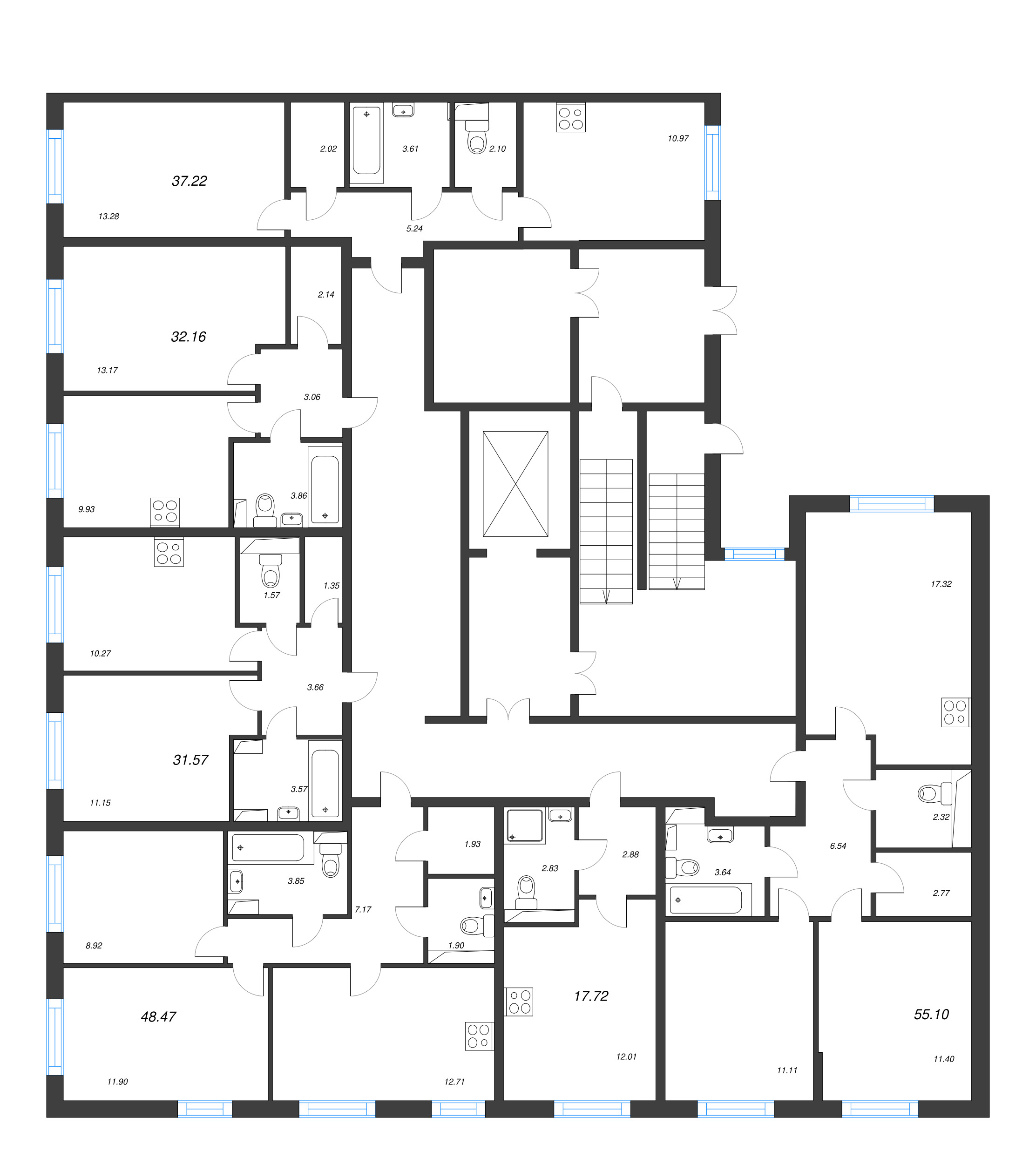 3-комнатная (Евро) квартира, 55.1 м² - планировка этажа