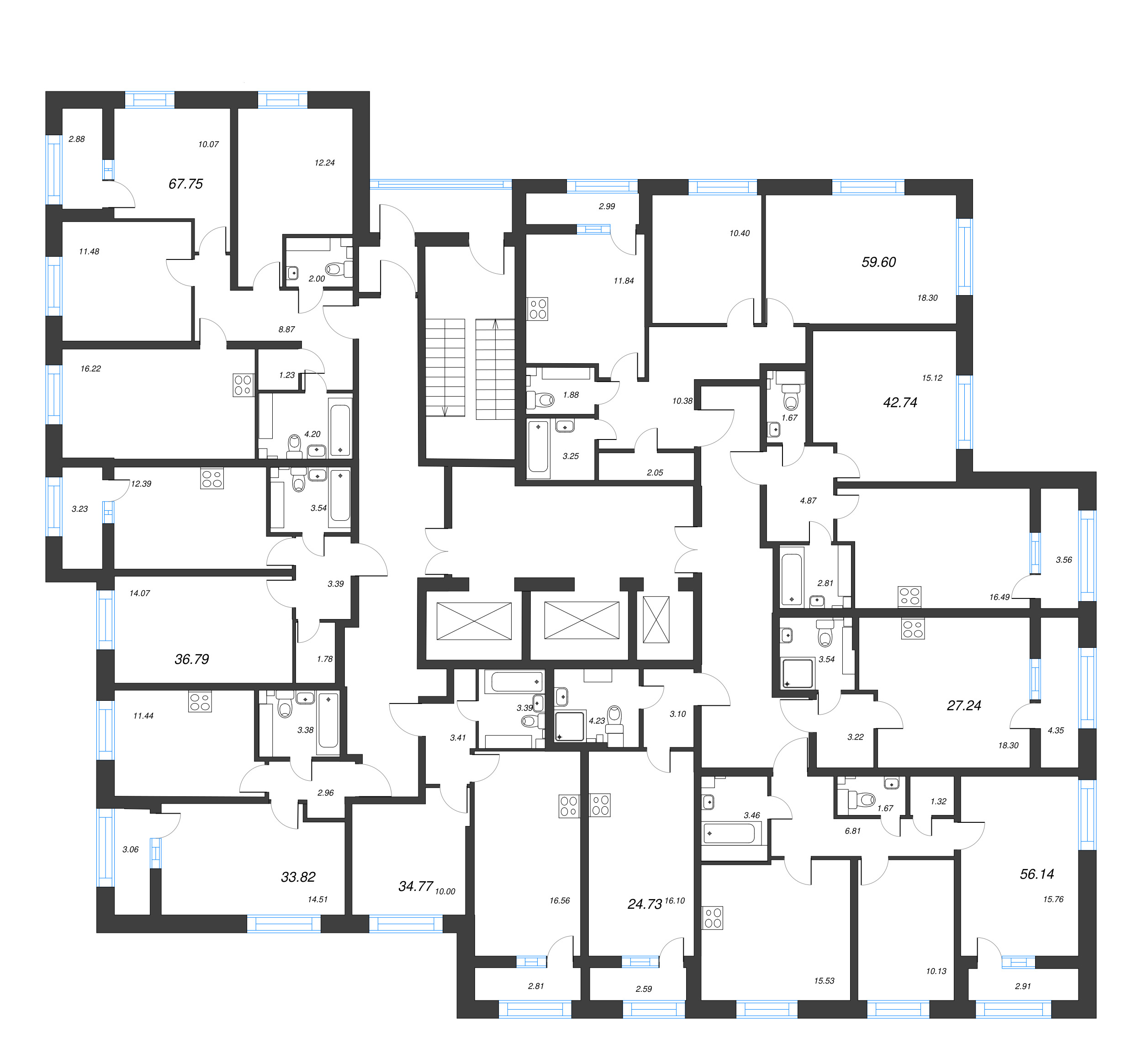 2-комнатная (Евро) квартира, 42.74 м² - планировка этажа
