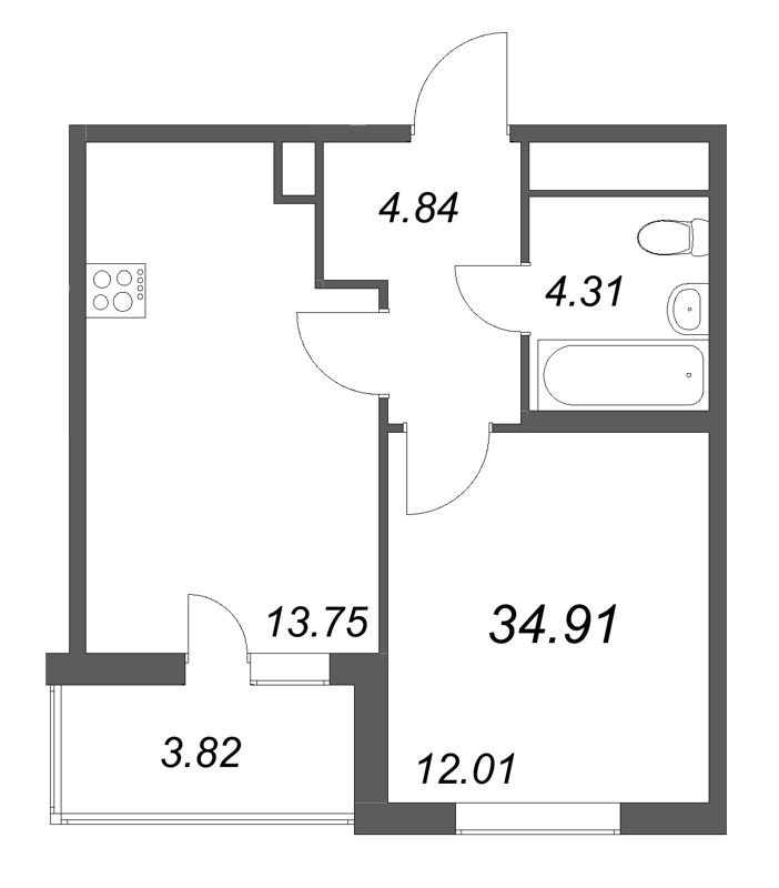 1-комнатная квартира, 34.91 м² в ЖК "Ясно.Янино" - планировка, фото №1