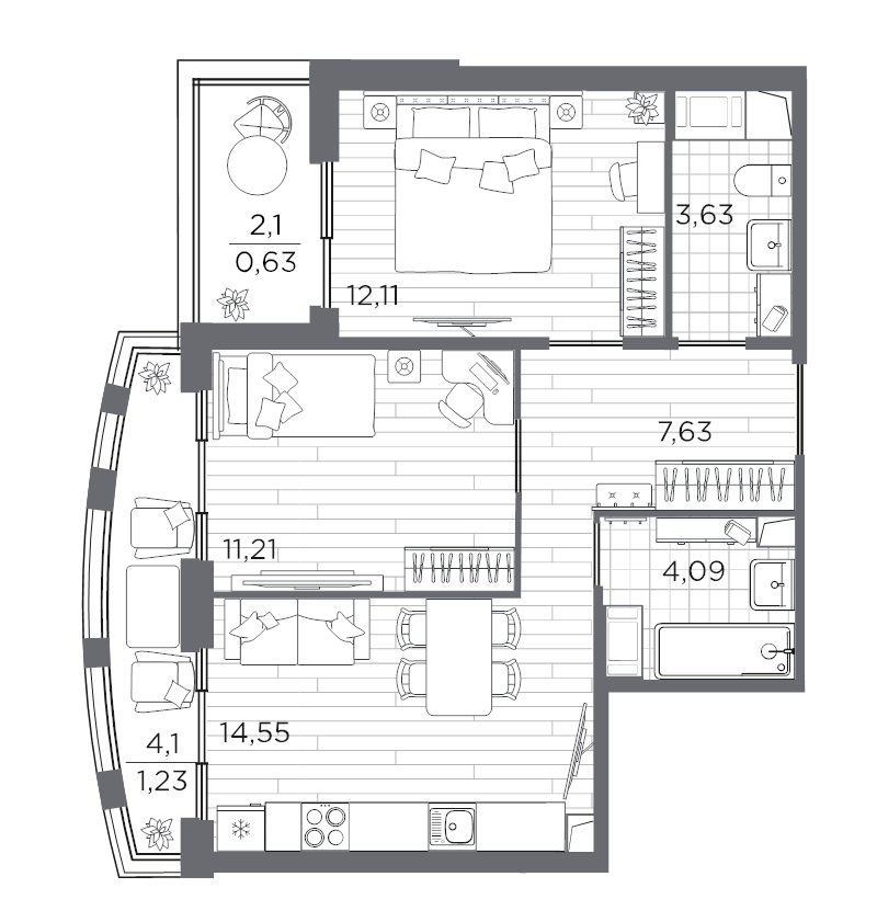 2-комнатная квартира, 55.08 м² в ЖК "Respect" - планировка, фото №1