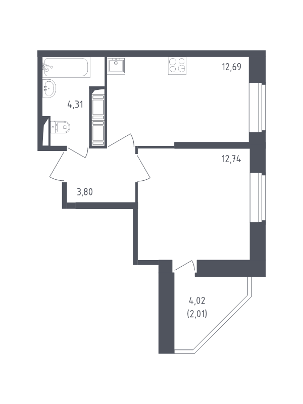 1-комнатная квартира, 35.55 м² - планировка, фото №1