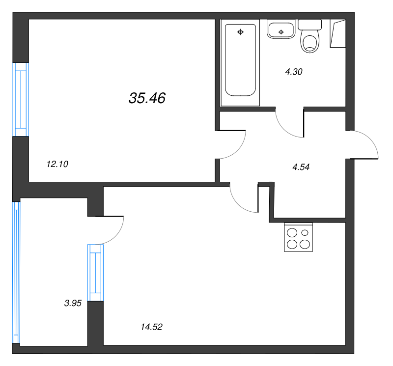 1-комнатная квартира, 35.46 м² - планировка, фото №1