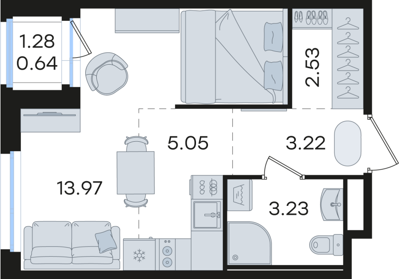 Квартира-студия, 28.64 м² в ЖК "Романовка" - планировка, фото №1