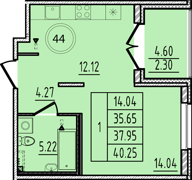 1-комнатная квартира, 35.65 м² - планировка, фото №1