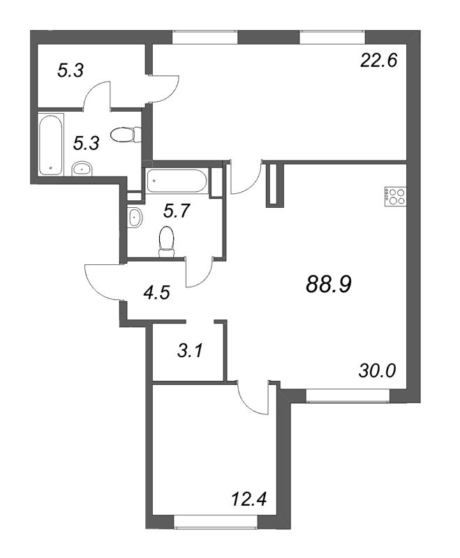 3-комнатная (Евро) квартира, 88.8 м² в ЖК "Визионер" - планировка, фото №1