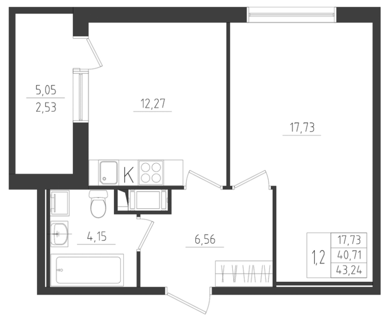 1-комнатная квартира, 43.24 м² в ЖК "Новикола" - планировка, фото №1