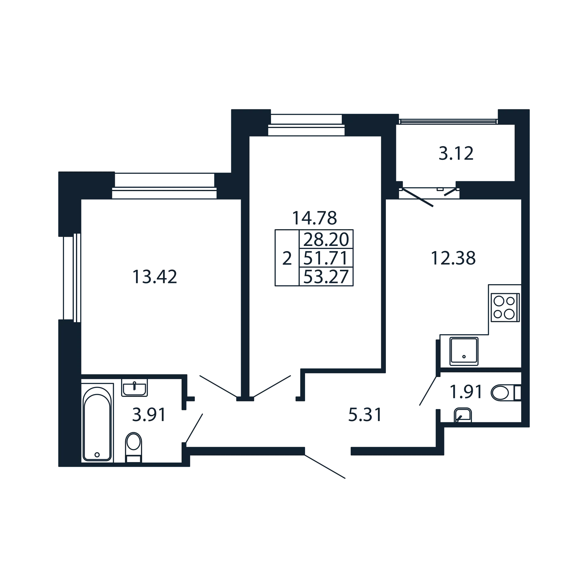 2-комнатная квартира, 51.71 м² в ЖК "Полис Новоселье" - планировка, фото №1