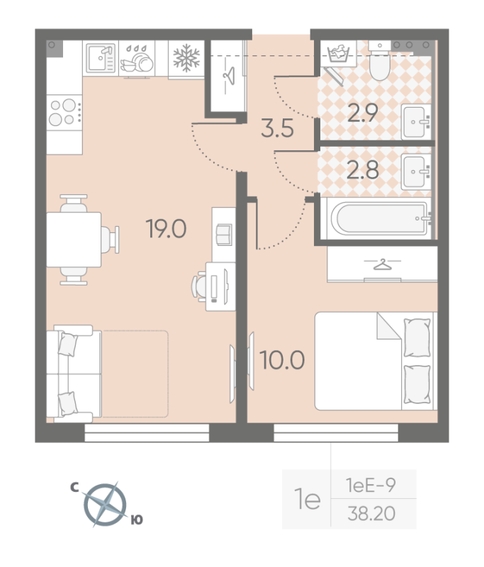 2-комнатная (Евро) квартира, 38.2 м² в ЖК "Пулково Lake" - планировка, фото №1