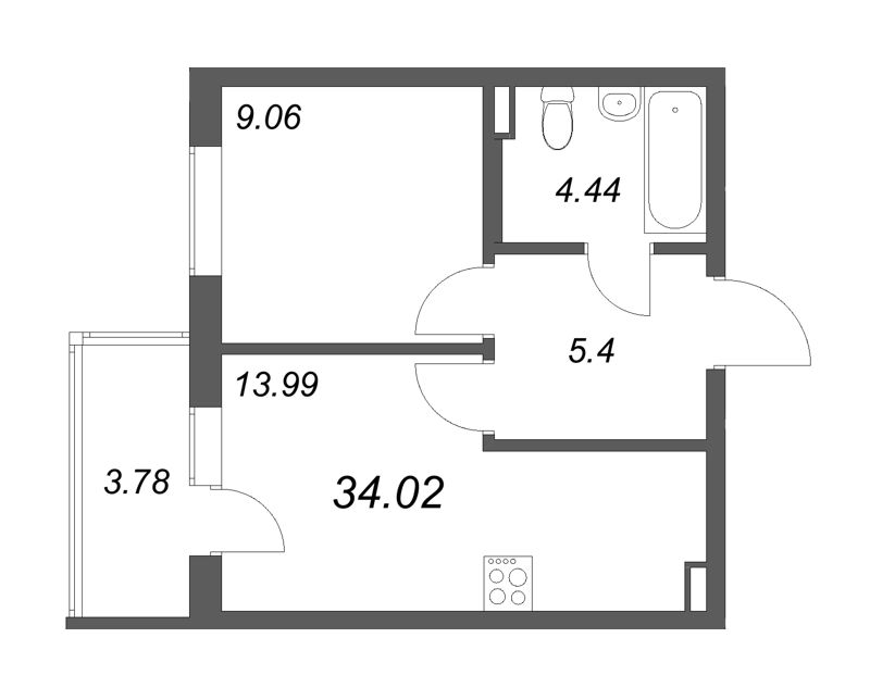 1-комнатная квартира, 34.02 м² - планировка, фото №1