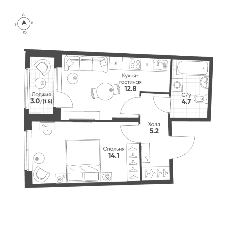 1-комнатная квартира, 38.3 м² в ЖК "Ягодное Река Парк" - планировка, фото №1