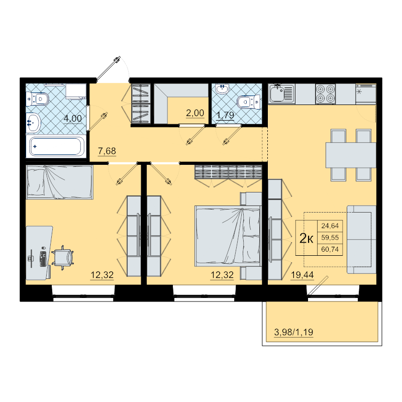 3-комнатная (Евро) квартира, 60.7 м² - планировка, фото №1