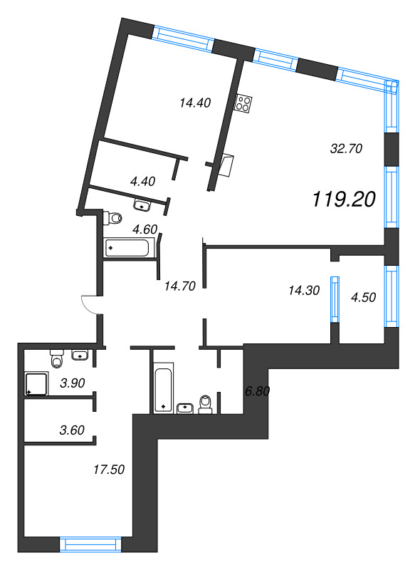 4-комнатная (Евро) квартира, 119.2 м² в ЖК "ЛДМ" - планировка, фото №1