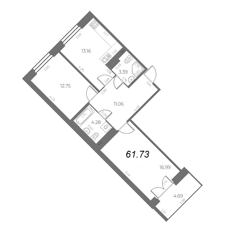 2-комнатная квартира, 64.08 м² - планировка, фото №1