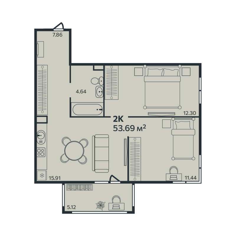 3-комнатная (Евро) квартира, 53.69 м² в ЖК "Эдельвейс.Выборг" - планировка, фото №1