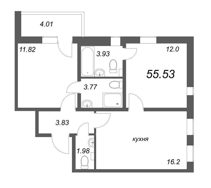 3-комнатная (Евро) квартира, 55.53 м² - планировка, фото №1