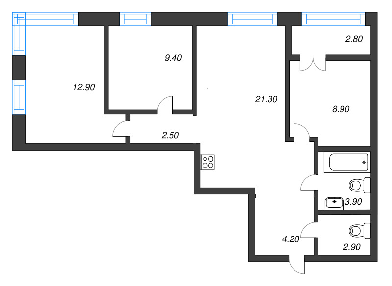 4-комнатная (Евро) квартира, 67.42 м² - планировка, фото №1