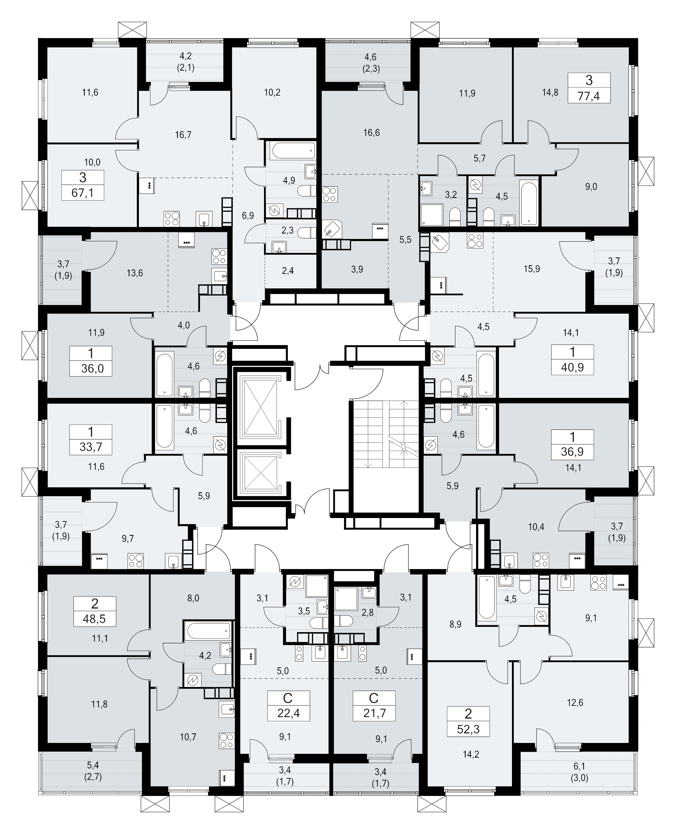 4-комнатная (Евро) квартира, 67.1 м² - планировка этажа