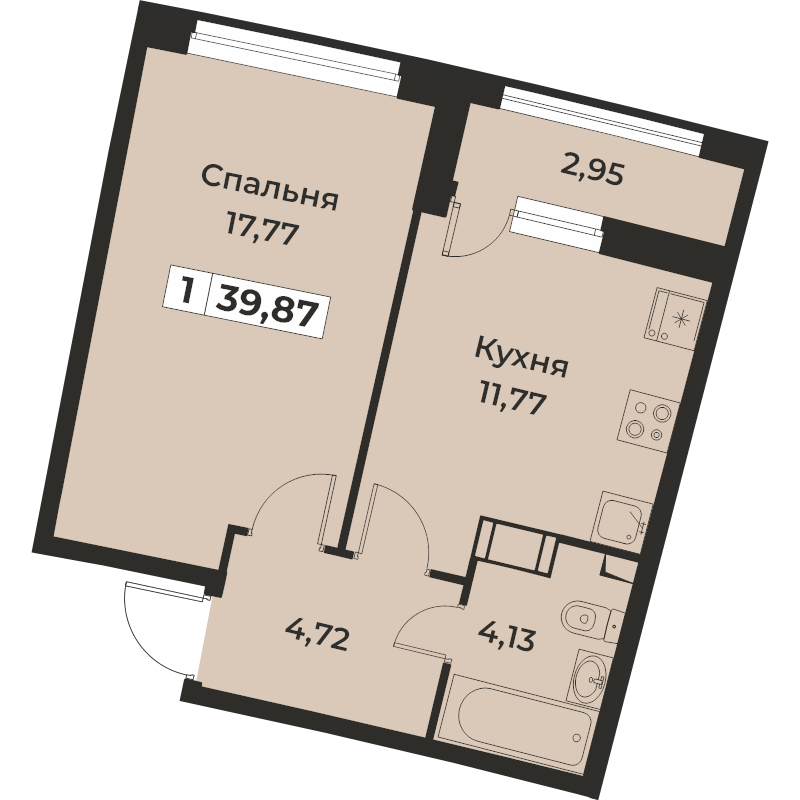 1-комнатная квартира, 39.87 м² - планировка, фото №1