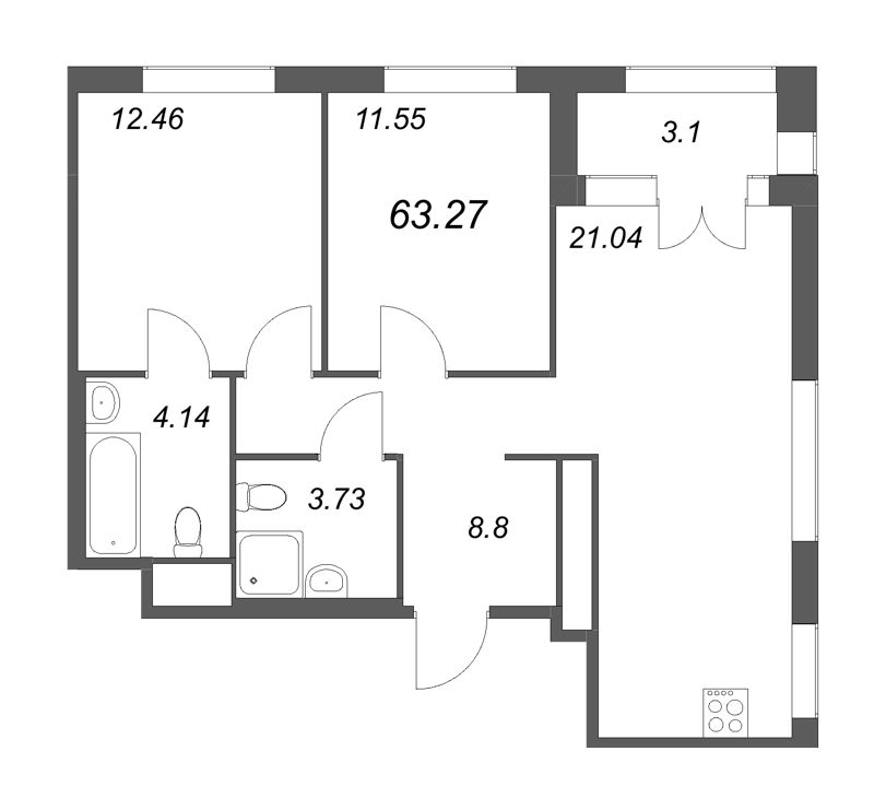 3-комнатная (Евро) квартира, 63.27 м² - планировка, фото №1