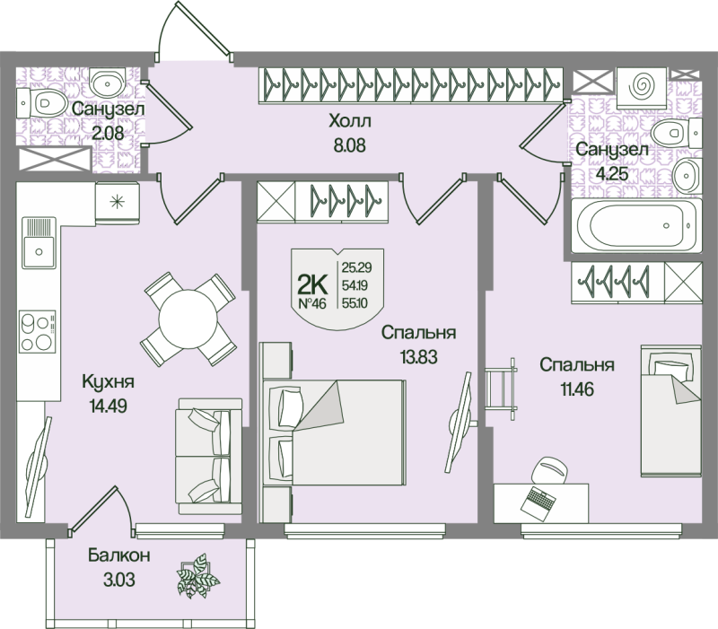 2-комнатная квартира, 55.1 м² в ЖК "Охтинские высоты" - планировка, фото №1