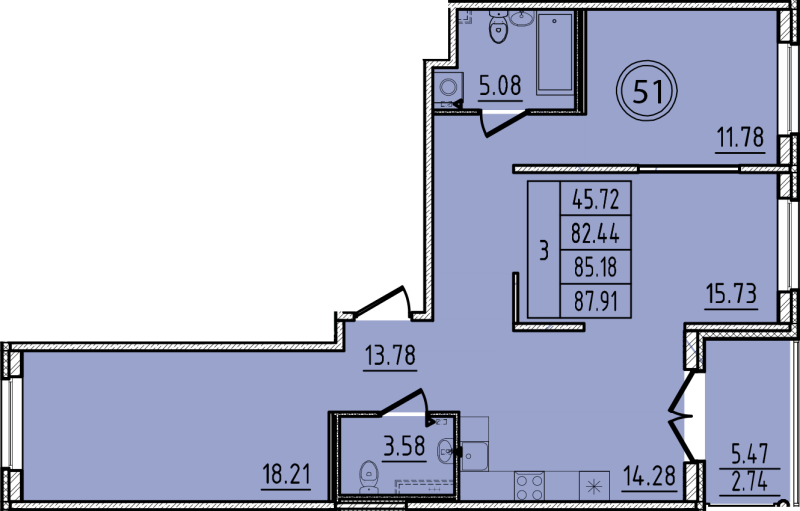 3-комнатная квартира, 82.44 м² - планировка, фото №1