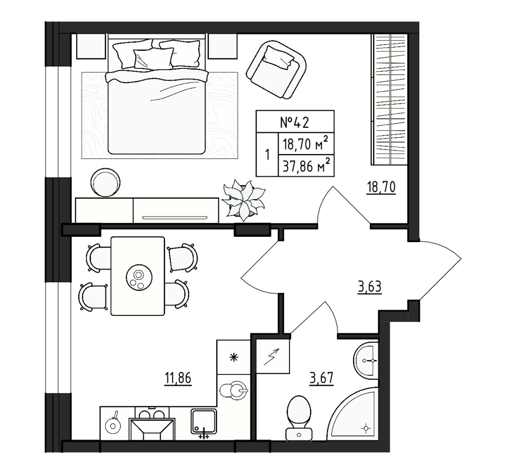 1-комнатная квартира, 37.86 м² - планировка, фото №1