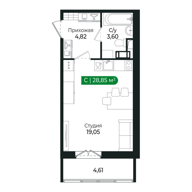 Квартира-студия, 27.3 м² в ЖК "Сертолово Парк" - планировка, фото №1