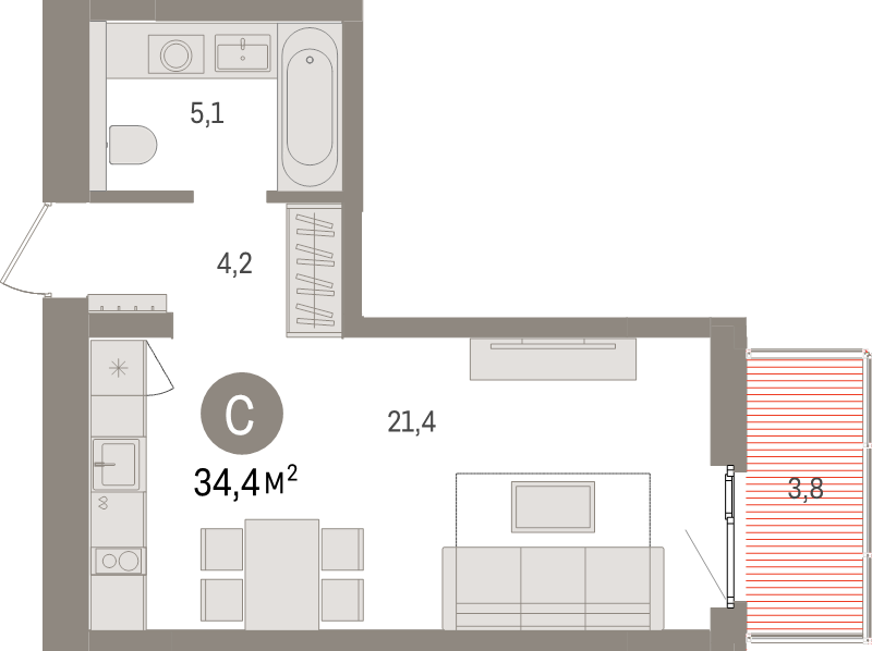 Квартира-студия, 34.4 м² в ЖК "Брусника в Новоселье" - планировка, фото №1