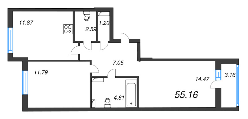 2-комнатная квартира, 55.16 м² в ЖК "Кинопарк" - планировка, фото №1