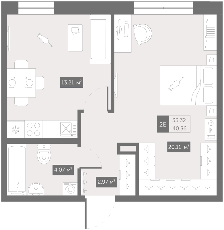 1-комнатная квартира, 41.6 м² в ЖК "Зум Чёрная Речка" - планировка, фото №1