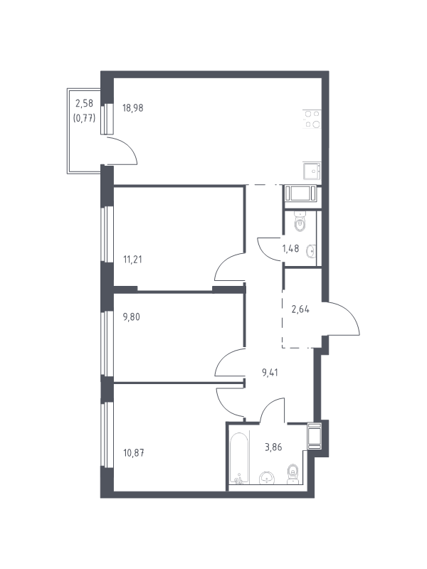4-комнатная (Евро) квартира, 69.02 м² - планировка, фото №1
