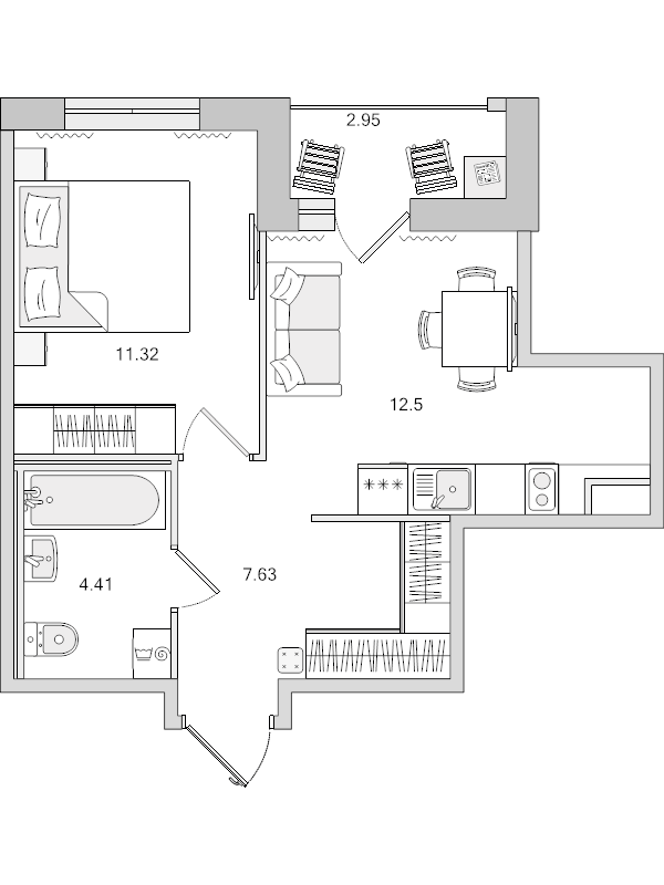 2-комнатная (Евро) квартира, 38.81 м² в ЖК "Город Первых" - планировка, фото №1