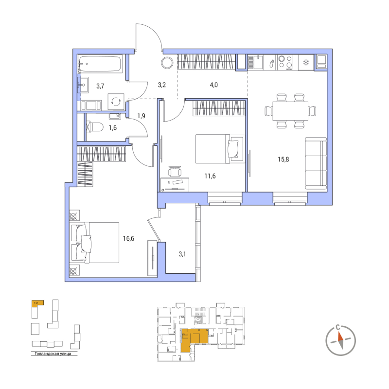 3-комнатная (Евро) квартира, 60 м² в ЖК "Янила Форест" - планировка, фото №1