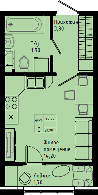 Квартира-студия, 23.6 м² в ЖК "Pixel" - планировка, фото №1
