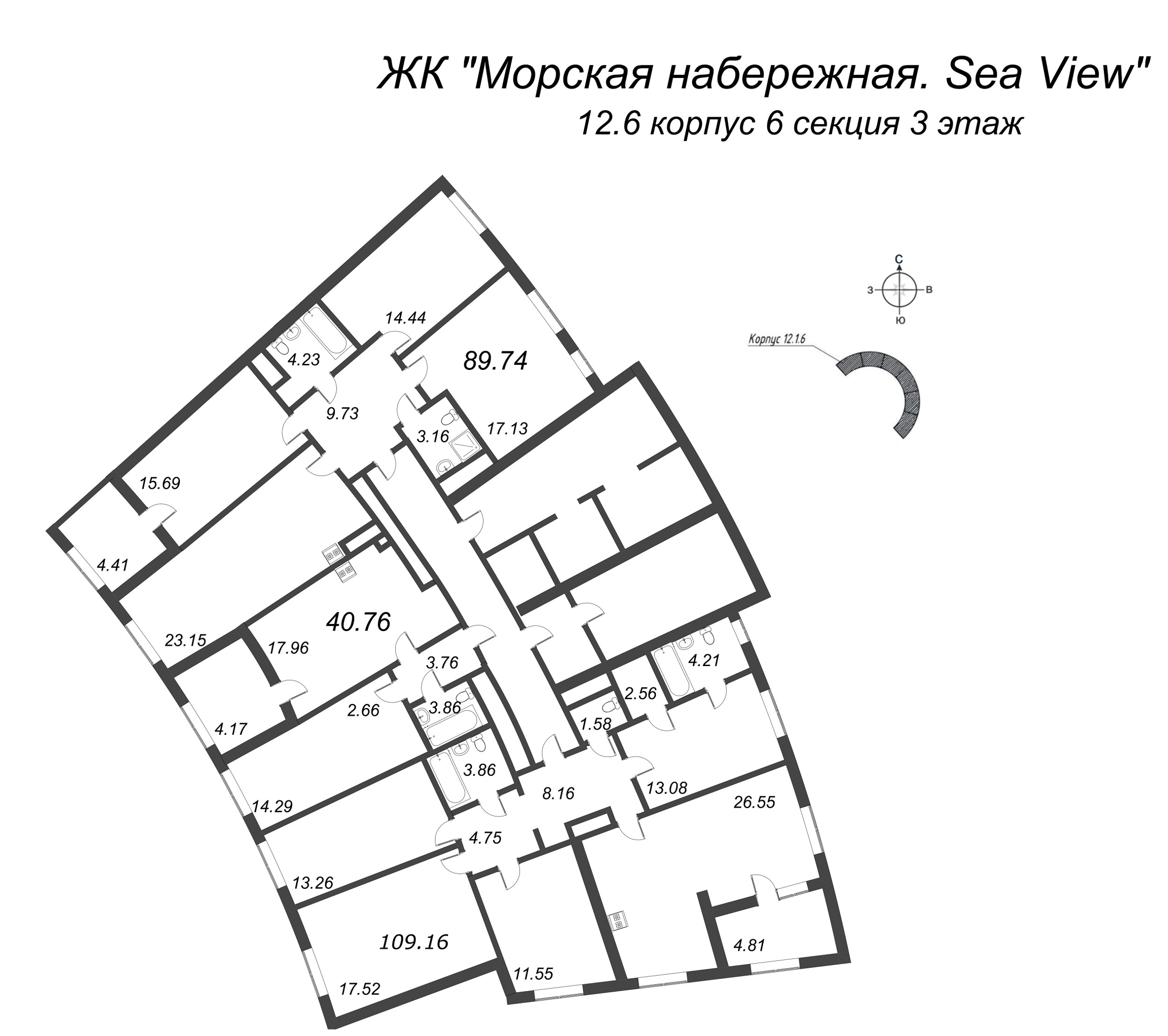 4-комнатная (Евро) квартира, 89.74 м² в ЖК "Морская набережная. SeaView" - планировка этажа
