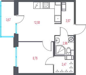 1-комнатная квартира, 31.41 м² - планировка, фото №1