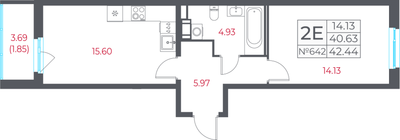 2-комнатная (Евро) квартира, 42.44 м² в ЖК "Город-спутник Южный" - планировка, фото №1