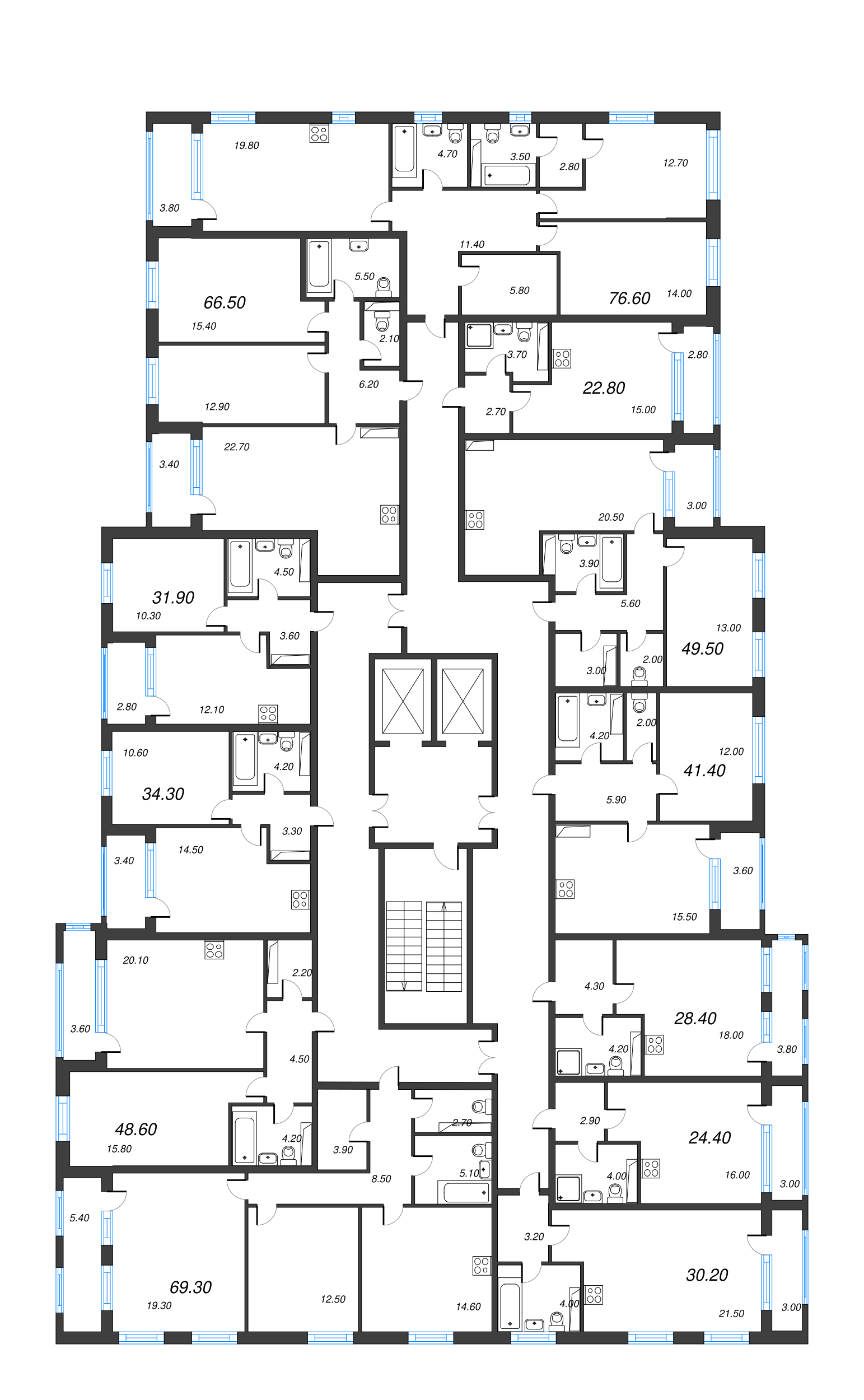 2-комнатная (Евро) квартира, 41.4 м² - планировка этажа