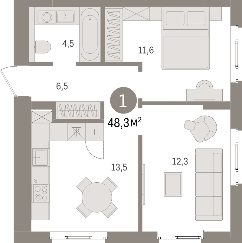 2-комнатная квартира, 48.3 м² - планировка, фото №1